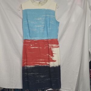 Lands' End Sleeveless Brushstroke Midi Dress in Sky Blue, Coral and Navy